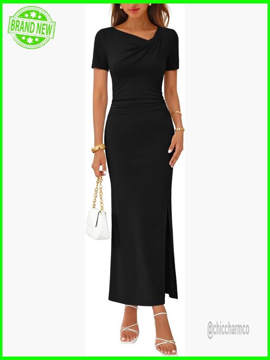 Dresses & Skirts - Ruched Maxi Dress Short Sleeve Side Slit Formal Cocktail Wedding Guest